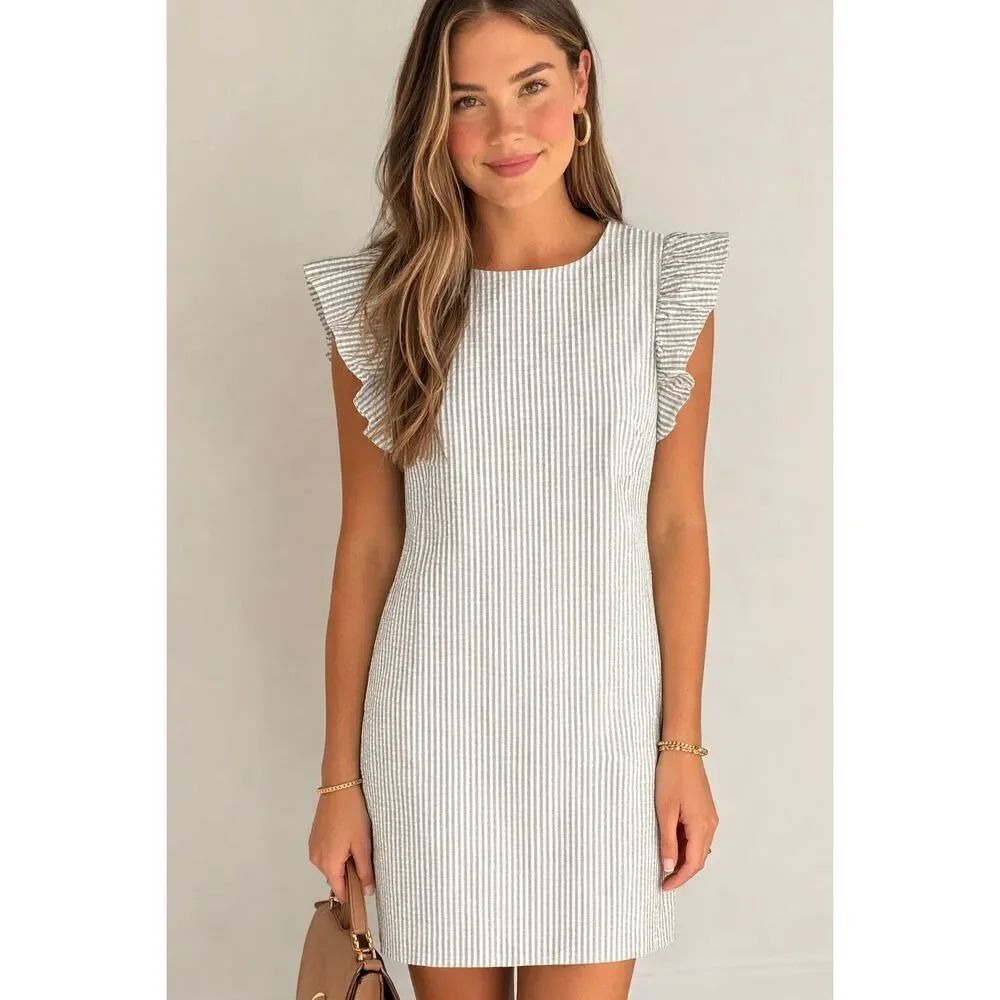 Jessica Howard Dress Wing Ruffle Sleeve Pinstripe Stretch Easter Spring Sz 8